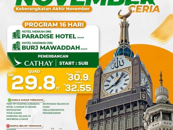 Paket Umroh November Ceria Hanya 29 Jutaan, 16 Hari
