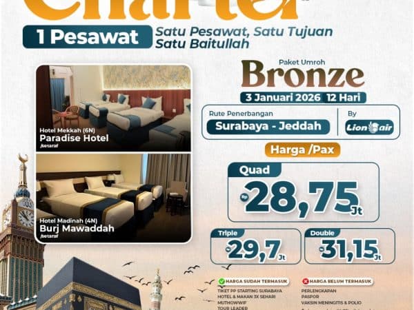 Umroh Charter 1 Pesawat, Paket Bronze 3 Januari 2026, 12 Hari