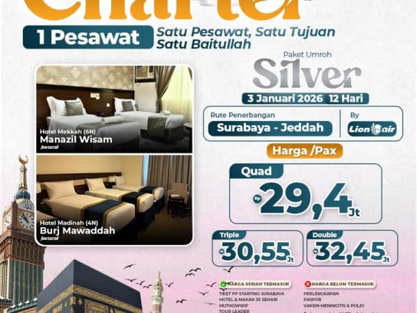 Umroh Charter 1 Pesawat, Paket Silver 3 Januari 2026, 12 Hari