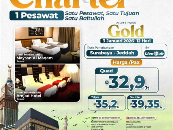 Umroh Charter 1 Pesawat, Paket Gold 3 Januari 2026, 12 Hari