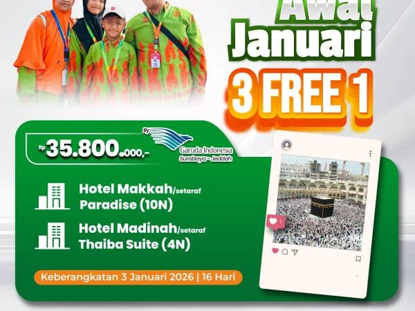 Promo Spesial Umroh 3 Free 1 Keberangkatan 3 Januari, 16 Hari