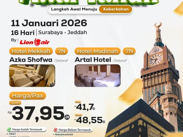 Umroh Spesial Awal Tahun Keberangkatan 11 Januari, 16 Hari